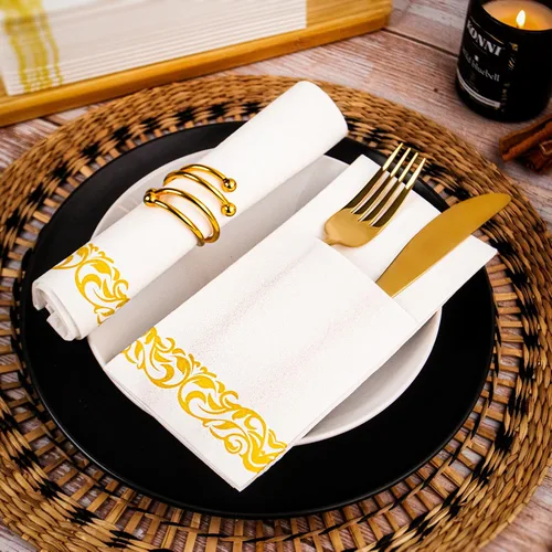 Miniatura 5 de KAMMAK Servilletas de papel para cena blancas con bolsillo, desechables, paquete de 100 unidades, con ribete amarillo, sensación de lino