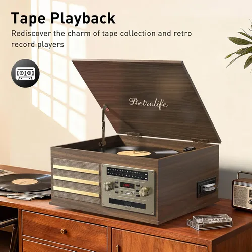 Miniatura 4 de Tocadiscos de vinilo 10-en-1 Centro de música con tocadiscos incorporados, altavoces integrados, soporte de 3 velocidades, entrada/salida