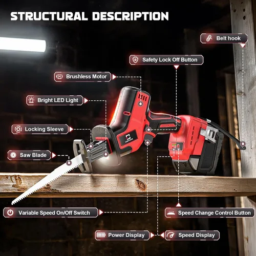 Miniatura 2 de Cerycose Sierra recíproca inalámbrica sin escobillas, compatible con baterías Milwaukee de 18 V, cambio de hoja sin herramientas, incluye 4 hojas