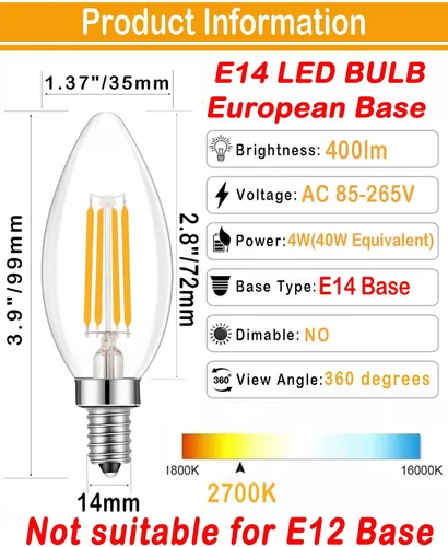 Miniatura 3 de Bombilla Edison de filamento LED de base europea E14, 2 W, blanco cálido, 2700 K, no regulable (paquete de 4)