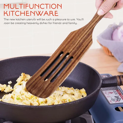 Miniatura 6 de Espátula larga de madera para cocinar, utensilios de cocina antiarañazos de 12.2 pulgadas, espátula de madera natural con mango ergonómico