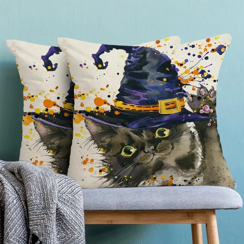 Miniatura 3 de Juego de 2 fundas de almohada de Halloween de 18 x 18 pulgadas, fundas decorativas de Halloween con sombrero de gato y bruja, fundas de almohada