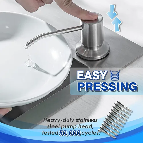Miniatura 4 de Dispensador de jabón integrado para fregadero de cocina WEWE, acero inoxidable de níquel cepillado en dispensador de jabón de mostrador, recarga