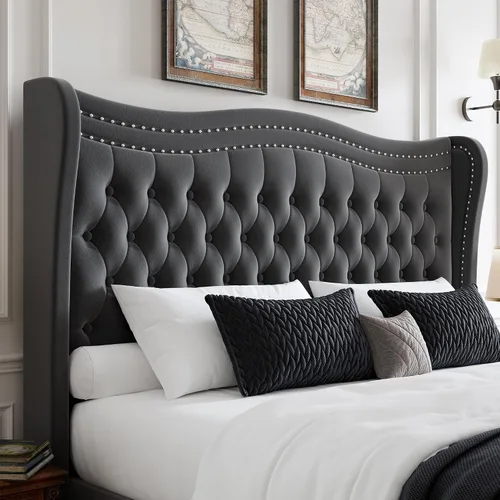 Miniatura 8 de Marco de cama tapizado tamaño completo con cabecera alta, marco de cama plataforma de terciopelo con respaldo alado con botones profundos Gris