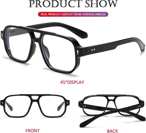 Miniatura 7 de PORADAY Gafas de Bloqueo de Luz Azul para Mujeres y Hombres Estilo Retro Cuadrado de los Años 70 Gafas de Aviador Gafas Rectangulares para A1 negro
