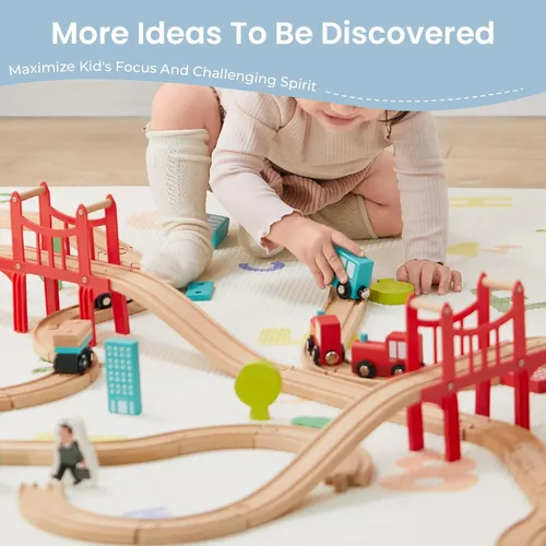 Miniatura 8 de Tiny Land Juego de tren de madera para niños pequeños, 39 piezas, con pistas de madera compatibles con las principales marcas, juguete de tren
