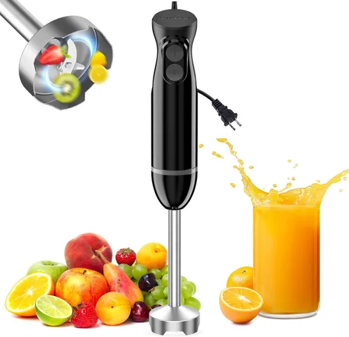 Bonsenkitchen Batidora de mano, batidora de inmersión con 2 velocidades de mezcla, mezclador de mano eléctrico portátil con cuchillas de acero Negro