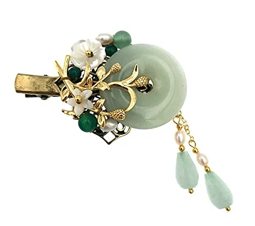 Horquilla china de jade de la suerte para mujer, pinza para el cabello con borla vintage, accesorios Hanfu antiguos, clip de pelo para cosplay