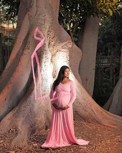 Miniatura 2 de Saslax - Vestido de noche de maternidad con hombros descubiertos, corte de medio círculo, para baby shower, fotos
