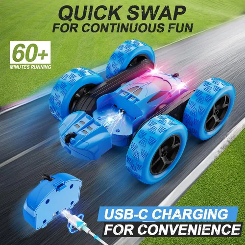 Miniatura 2 de QUNREDA Coche de control remoto, juguetes de autos RC para niños de 6 a 12 años, auto de acrobacias 4WD con luces LED y giros de 360°, 2.4GHz, 1-azul