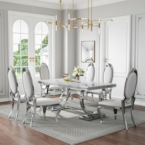 Miniatura 17 de Juego de mesa de comedor de mármol de 70 pulgadas para 6, mesa de cocina grande y sillas de cuero negro, mesas de comedor modernas negras y doradas