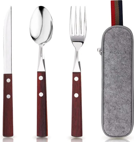 Juego de utensilios de viaje de acero inoxidable de alta calidad con estuche, saludable y ecológico, 3 piezas, tenedor, cuchara, portátil,