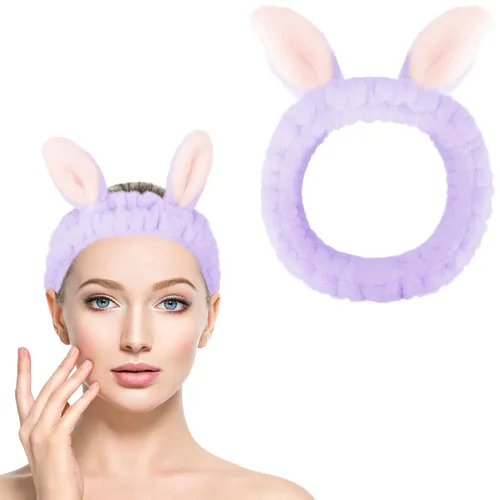 Miniatura 8 de Jowmoy Bonita diadema de orejas de conejo, diseño de ojo de rana, elástica para lavar la cara, para mujeres, maquillaje, ducha, spa. Q-Orejas