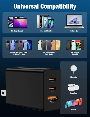 Miniatura 7 de Paquete de 2 bloques de cargador de pared USB C de 65 W, adaptador de carga USB C de 3 puertos de 100 W tipo C de carga súper rápida para MacBook