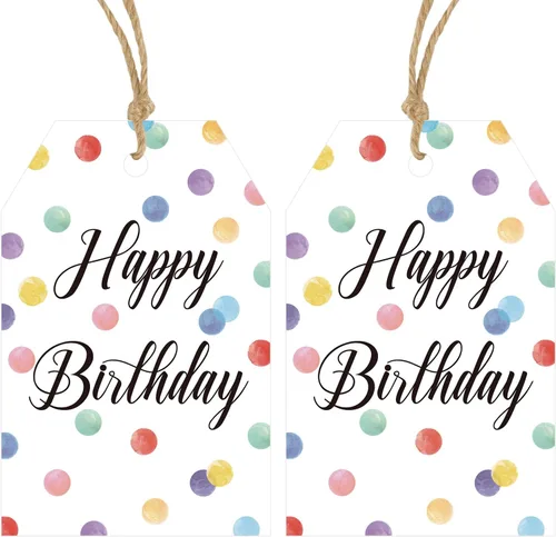 Etiquetas de regalo de cumpleaños Anwyll - 50 piezas con cuerda para regalos, recuerdos de fiesta, baby shower - Etiquetas de papel con puntos de