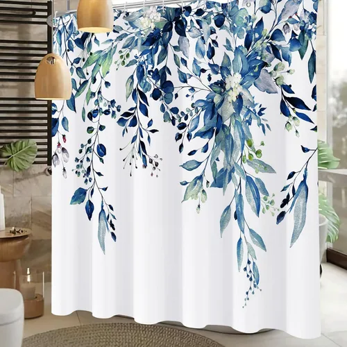 Miniatura 3 de Cortina de ducha de eucalipto azul para baño, juego de cortinas de ducha de hojas de acuarela, cortina de ducha impermeable para plantas, tela