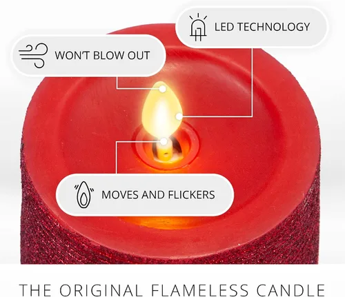 Miniatura 3 de Luminara Vela de llama artificial realista con purpurina metálica roja horizontal (3 x 4.5 pulgadas) con llama móvil, funciona con pilas, sin