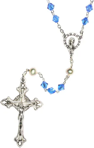 Rosario de oración católica de cristal o cristal austriaco Incluye bolsa de rosario, "Cómo rezar el rosario" y significado del mes de nacimiento