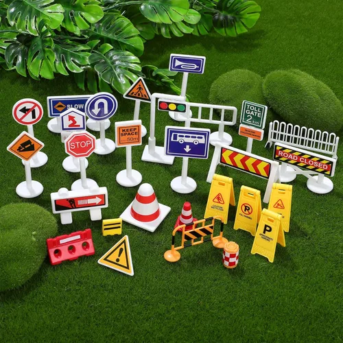 Miniatura 2 de Toyvian Juego de letreros de tráfico simulados con 26 mini señales de tráfico y 54 cercas para juegos educativos e interacción entre padres e hijos