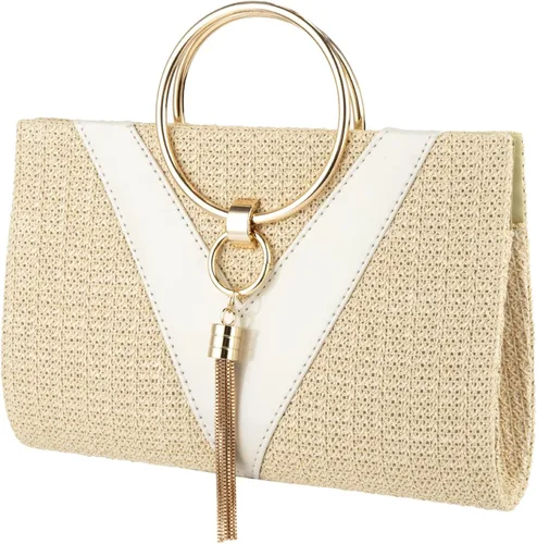 GripIt Bolsos de paja para mujer bolso de playa bohemio tejido con borla para novia bolso de mano para mujer bolso de verano con asa superior
