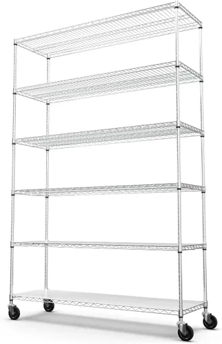 NSF - Estantería de alambre de 6 niveles, estante de almacenamiento ajustable de metal resistente con ruedas y revestimientos para estantes para