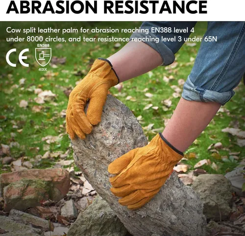 Miniatura 2 de Vgo... 3 pares de guantes de trabajo y conductor, de cuero de vaca sin forro, para trabajo pesado, conducción de camiones, almacén, jardinería, Oro