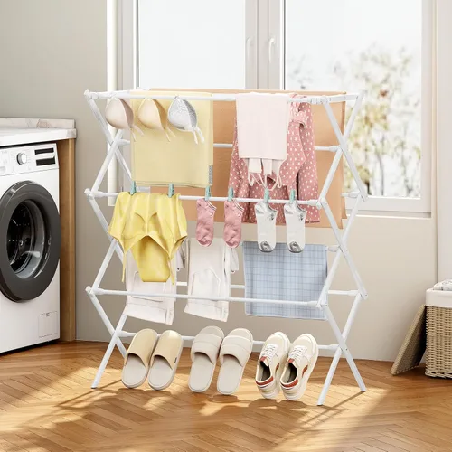 Miniatura 9 de KINGBOARD Tendedero de secado de ropa plegable con 11 postes, estante de secado de lavandería de 3 niveles, estante de secado de ropa pequeño Blanco