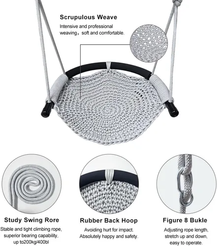 Miniatura 5 de Asiento de columpio para niños pequeños tejido a mano para niños con cuerdas ajustables, juego de columpios Little Tikes, para interiores y Gris