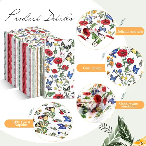 Miniatura 3 de Outus Paquete de 200 servilletas de 3 capas con diseño de mariposas y flores silvestres, servilletas de mano desechables de papel a granel