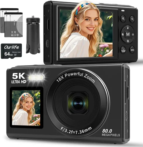 Cámaras digitales de 5K 80MP para fotografía con pantalla dual, cámara de enfoque automático para vlogging para YouTube, cámara compacta de apuntar