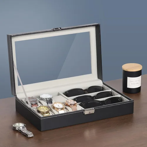 Miniatura 7 de AUTOARK AW-004 - Caja de cuero para 6 relojes y 3 lentes y gafas de sol con organizador de joyas, cajas de almacenamiento para hombre y mujer, tapa