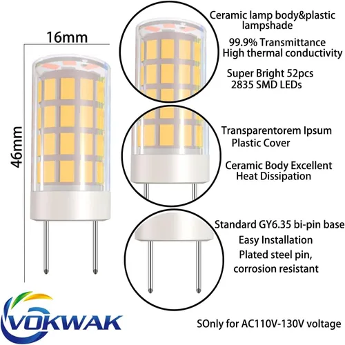 Miniatura 2 de Bombilla LED GY6.35 GY6.35 con base bipin T4 JC tipo 4W, bombilla LED halógena de 40 W, equivalente a bombillas halógenas AC110V/120V/130V (no 12V)