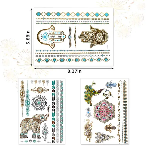 Miniatura 6 de 12 hojas de tatuajes temporales metálicos dorados destellantes para mujeres y niñas, impermeables, dorados y plateados, calcomanías de tatuaje