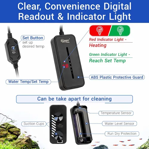 Miniatura 2 de hygger Calentador de acuario sumergible pequeño de 25 W, mini calentador de pecera Betta con pantalla LED, temperatura ajustable para tanques