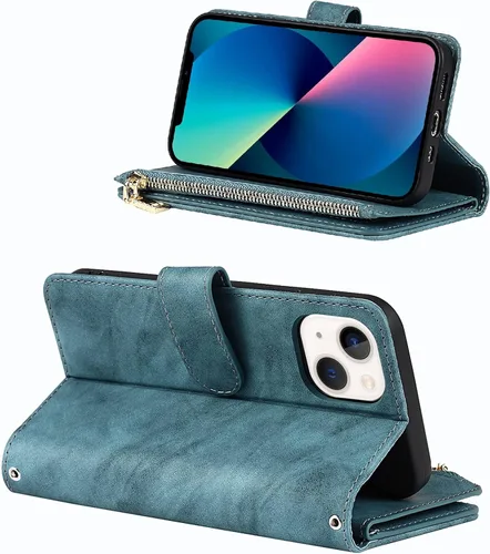 Miniatura 3 de Funda para iPhone 13/14 con tarjetero para mujeres y hombres, con soporte para iPhone 14 con correa de hombro, funda de piel con cremallera y Cordón