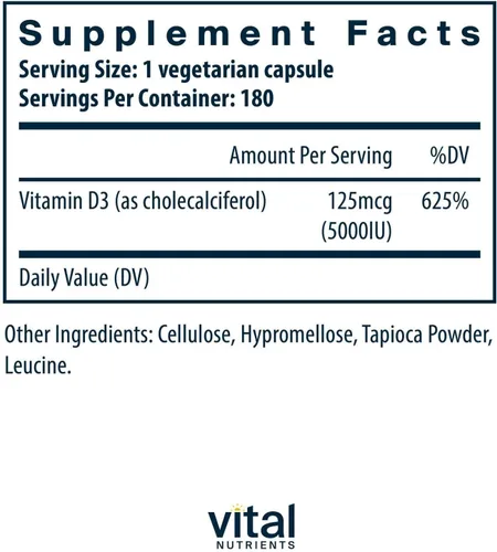 Miniatura 2 de Vital Nutrients Vitamina D 5000 UI - Suplemento de vitamina D3 - Huesos, dientes, músculos* - Función celular e inmune - Absorción de calcio - Sin