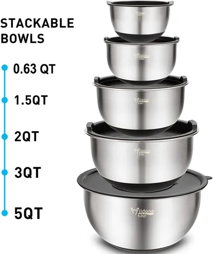 Miniatura 7 de Wildone Juego de Tazones Mezcladores con Tapas Herméticas, 5PCS Tazones de Acero Inoxidable Anidables para Cocina, con Accesorios de Rallador