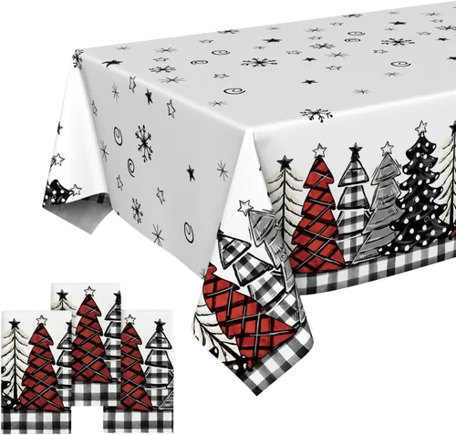 Miniatura 9 de Horaldaily 1 paquete de mantel desechable de Navidad, cubierta de mesa rectangular de plástico con árboles de nieve para decoración de fiesta