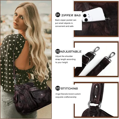 Miniatura 77 de Angel Barcelo - Bolsa de hombro amplia para mujer, diseño Hobo, cuero lavado
