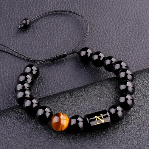 Miniatura 70 de SUMMER LOVE Regalos para el Día del Padre, pulsera con inicial de piedra de ónix negro de 0.394 pulgadas para hombres, pulsera de cuerda trenzada