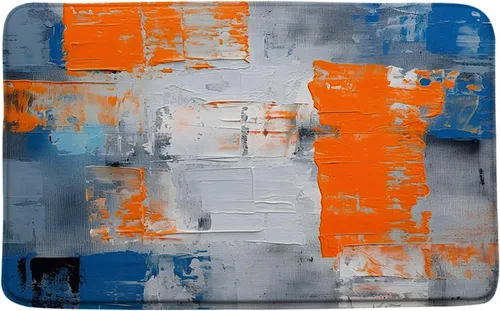 Tapete de baño azul, gris y naranja, azul quemado, naranja y gris, pintura abstracta de pinceladas, arte moderno, decoración de baño, tapete de