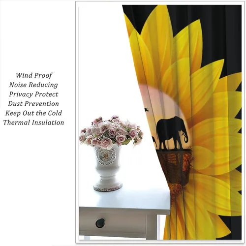 Miniatura 5 de Cortinas opacas de girasoles amarillos, vida silvestre, puesta de sol, tropical, sabana, safari, elefantes, estampado artístico, para decoración