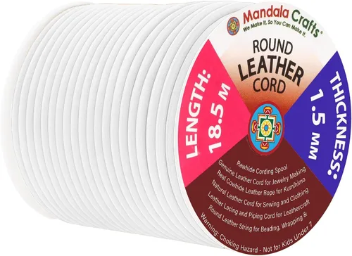 Miniatura 159 de Mandala Crafts Cordón Redondo de Cuero de Piel de Vaca Genuino Beige para Fabricación de Joyas Kumihimo Carrete de Cuerda de Cuero - Cordón