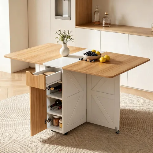 Miniatura 9 de Mesa de comedor plegable con cajón y estantes de almacenamiento, mesa de comedor plegable de 53" que ahorra espacio con 6 ruedas, mesa de hoja