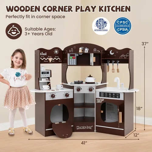 Miniatura 9 de HONEY JOY Cocina de Jugar de Esquina, Juego de Cocina de Madera para Niños Pequeños con Luces, Cafetera, Microondas, Fregadero, Grifo, Juego