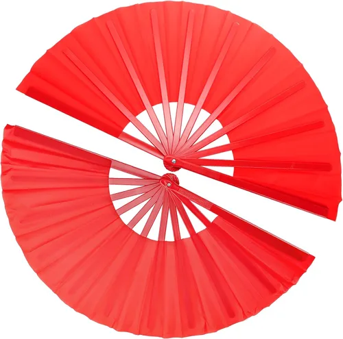 Miniatura 4 de Lawei Paquete de 8 ventiladores de mano plegables grandes, abanicos chinos de Kung Fu Tai Chi Chi, abanicos de tela de nailon rojo vintage