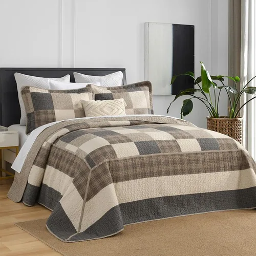 Miniatura 9 de Colchas ligeras King 120x120, Edredón de gran tamaño 100% algodón, Colcha con patrón botánico a rayas, Juego de ropa de cama acolchado reversible
