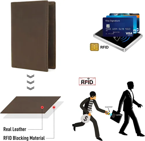 Miniatura 5 de Polare - Cartera plegable de cuero con bloqueo RFID para pasaporte y viaje para hombres Marrón oscuro Cartera de bloqueo RFID