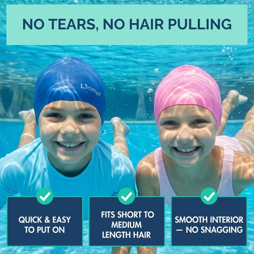 Miniatura 5 de Limmys Gorro de natación de silicona para niños, suave, elástico, antideslizante, para niños y niñas, cómodo ajuste sin tirones, sello seguro