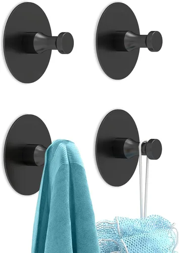 STWWO Ganchos Adhesivos para Paredes Sin Daños 4 Piezas, Ganchos para Toallas de Aluminio Resistente con Adhesivo Fuerte para Baños para Ducha Negro